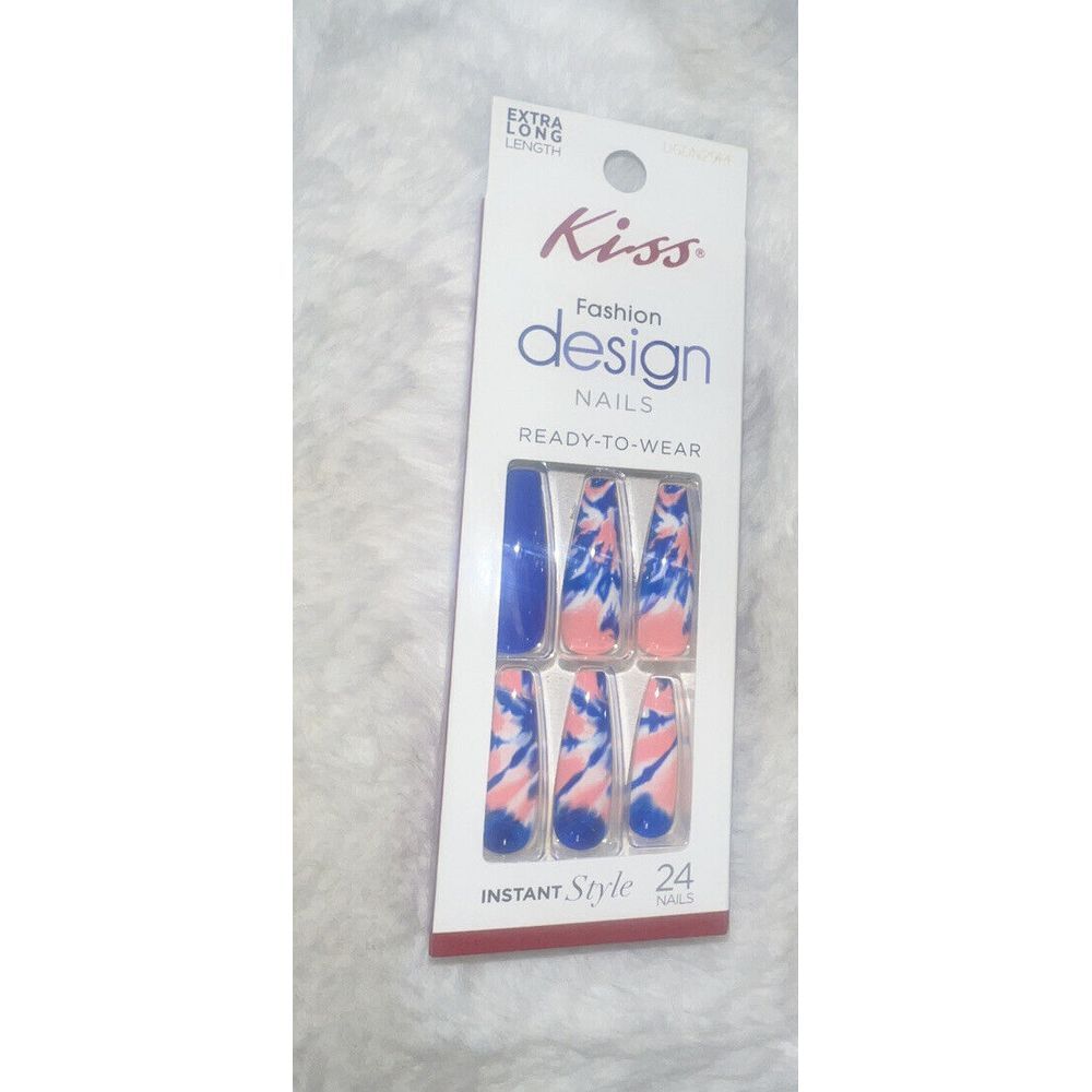 KISS NAILS GLUE ON EXTRA LONG- Shiny Blue and Peach Marble accents